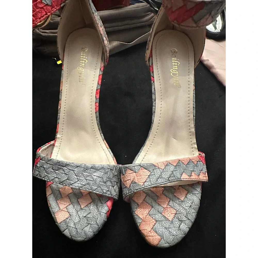Bailingyin Woven Geometric Ankle Strap Stiletto Heels Red Bottom Grey Pink 37